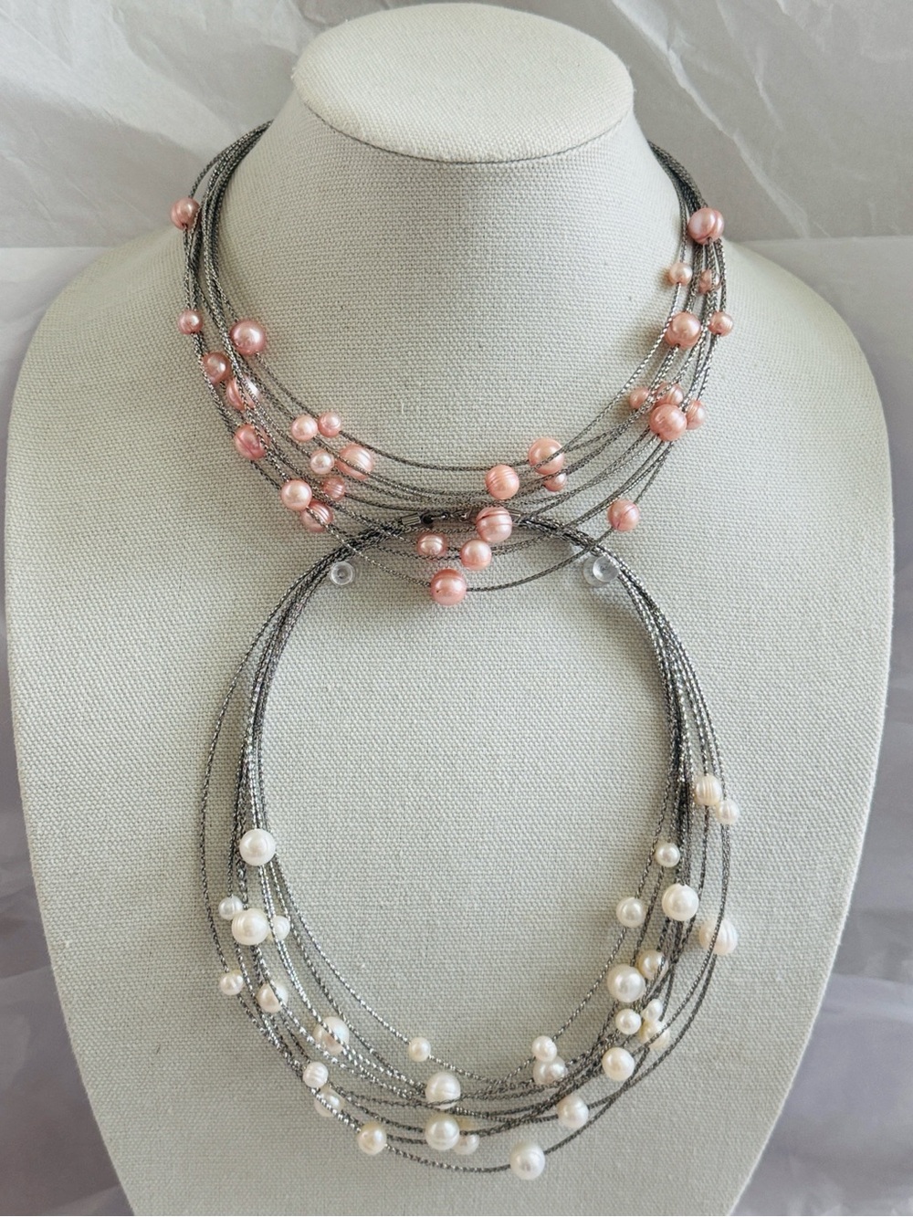 VTG Honora QVC Floating Pearl Multi-Strand Cable Necklace Bundle - White & Pink